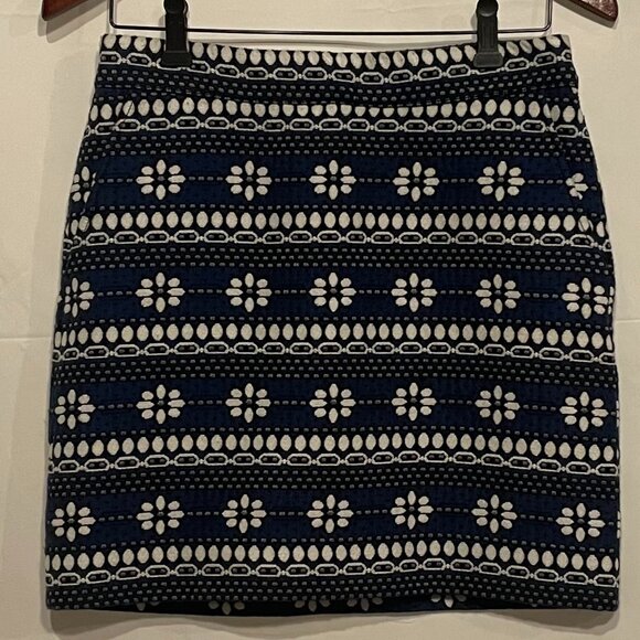 J. Crew Jacquard Mini Skirt Women's 2 Navy Blue White Floral Lined Pockets - Picture 1 of 9